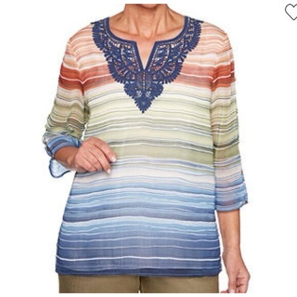 Alfred Dunner Lake Tahoe Split Crew Neck Blouse Shirt Lined Size 14 Multi Color